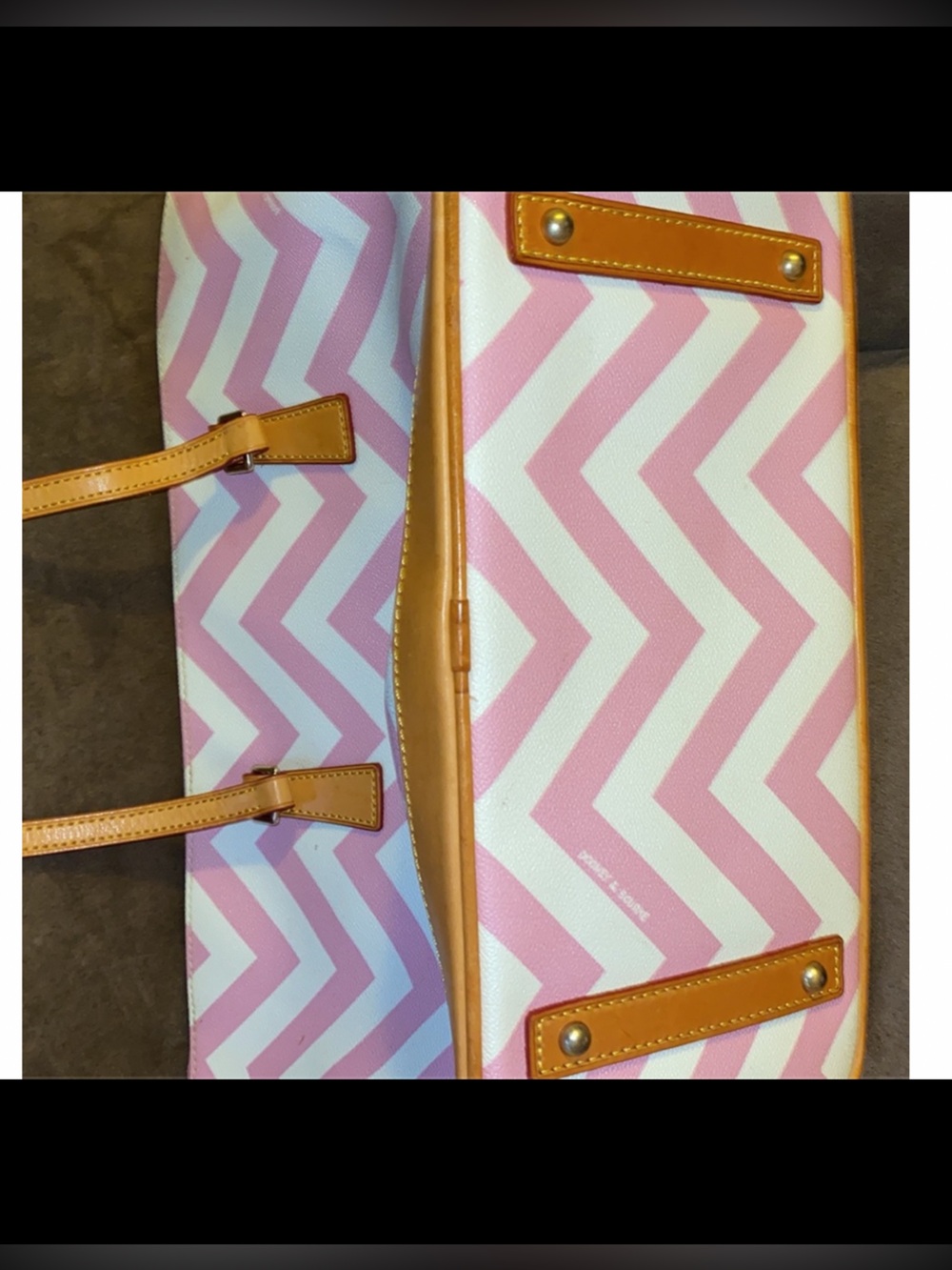 Dooney & Bourke Pink and White Chevron Tote with Tan Trim - Picture 3 of 7